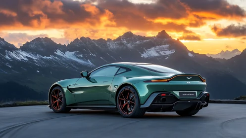 Emerald grand tourer under alpine sunset sky glow.