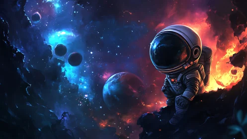 Tiny astronaut pauses between blue nebulae and orange fire