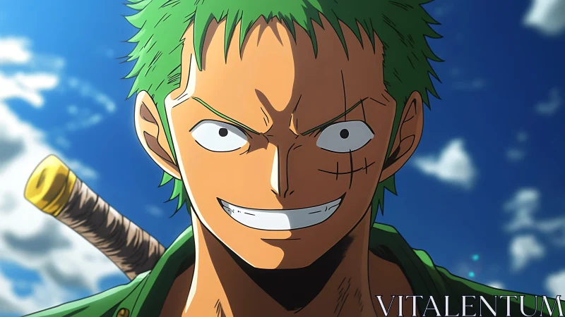 Sword-grinning green-haired warrior under storm-bright skies.