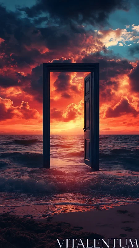 Doorway stands in sunset ocean under dense clouds.
