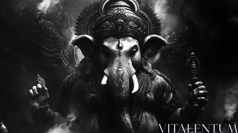 Monochrome depiction of ornate elephant-headed deity sculpture