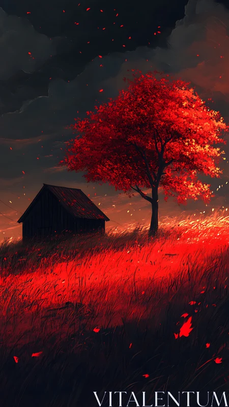 Red tree and cabin on dark hillside at sunset storm.