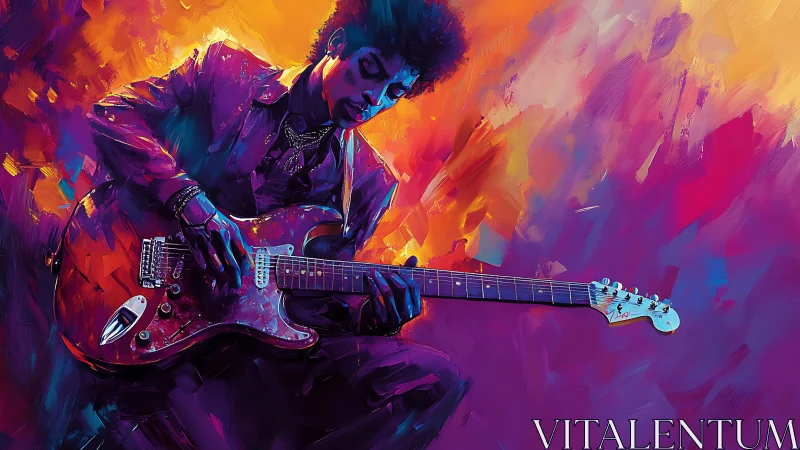Electric guitarist immersed in neon chromatic brushwork solo.