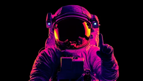 Neon astronaut portrait in vivid duotone on black background.