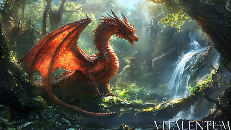 Red dragon resting in dense forest with cascading waterfall.