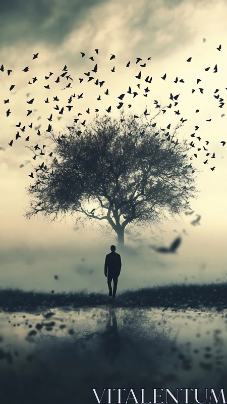 Silhouette figure near lone tree with flock of distant birds.