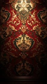 Baroque crimson damask wall glowing with secret stories.