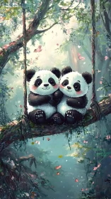 Two stylized panda cubs sit on forest vine swing together