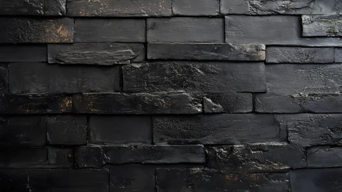 Modern textured black brick wall with gold accents, industrial style.