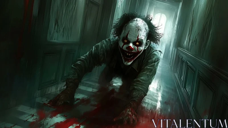 Nightmarish clown crawls through bloodstained corridor