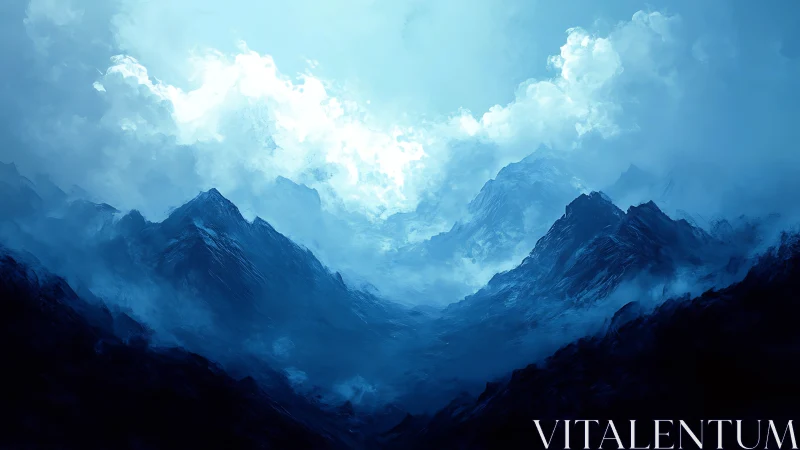 Blue tonal digital mountains rise beneath dense storm clouds