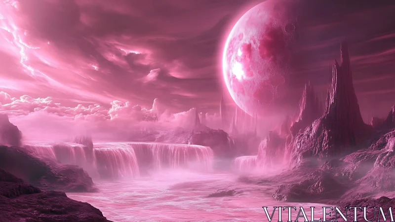 Rose nebula tidefalls under a looming lunar colossus.