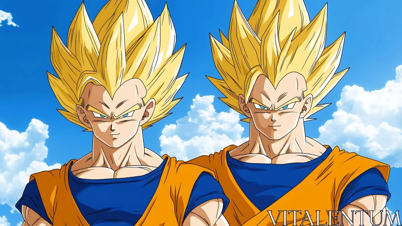 Twin golden-haired anime warriors under stratocumulus sky.