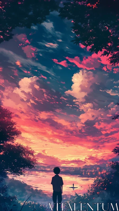 Silhouetted figure observes layered sunset sky over water