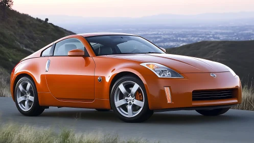 Bright orange sports coupe ready for an easygoing hillside drive.