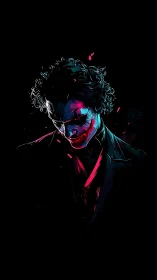 Neon-lit clown figure rendered in high-contrast digital chiaroscuro