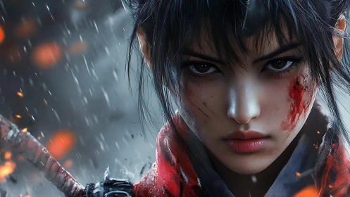 Rain-soaked cyber-samurai portrait with cinematic focus depth.
