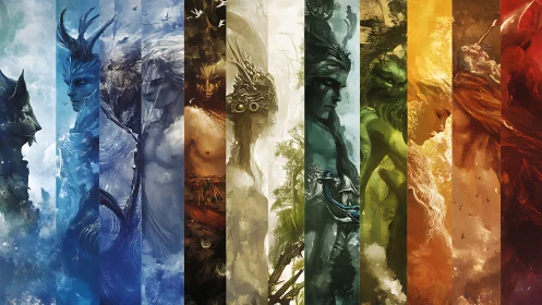 Elemental pantheon in cascading chromatic realms of myth.