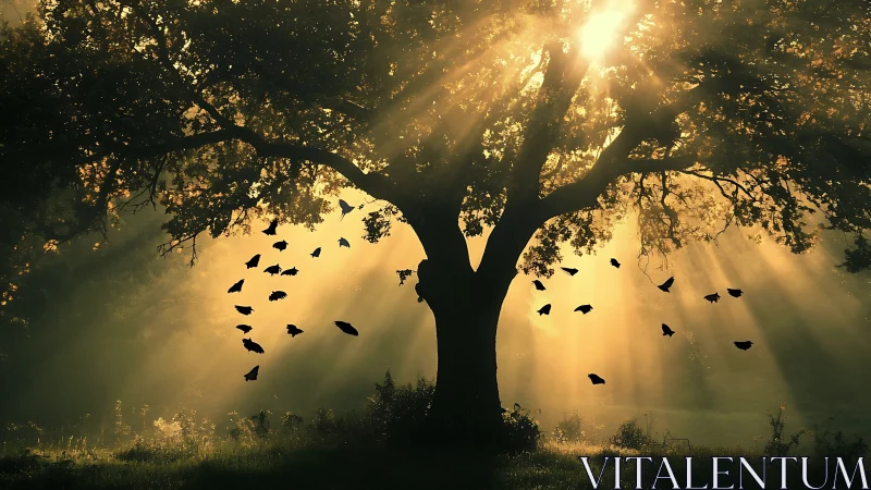 Backlit oak silhouette with radial golden sunbeams in forestscape.
