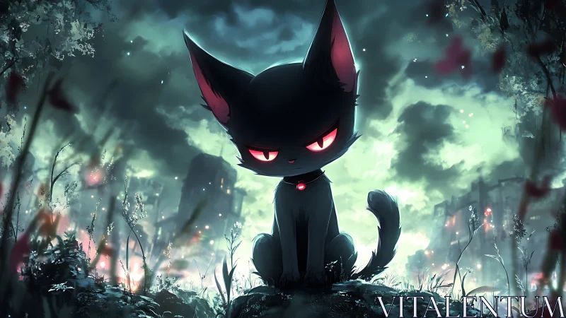 Sinister neon-eyed cat dominates a post-apocalyptic skyline