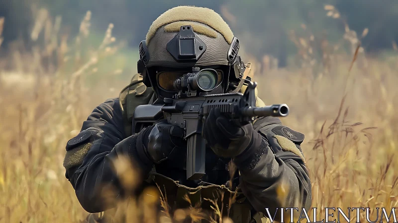 Heavily armed soldier aiming rifle in tall dry grass field.