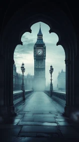 Fog-drenched Big Ben framed by gothic arch and bridge.