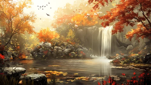 Golden autumn waterfall cascades into tranquil forest pool