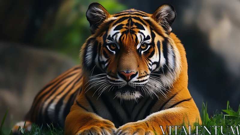 Front-facing tiger portrait under shallow depth with crisp fur detail
