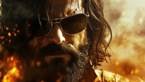 Bearded man in sunglasses stands amid drifting orange embers