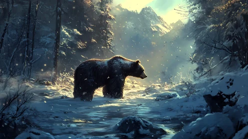 Solitary brown bear crossing luminous winter forest stream.