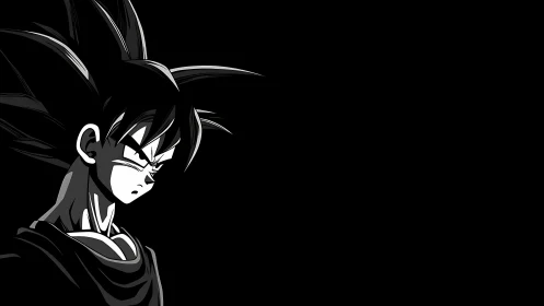 Brooding spike‑haired warrior in stark monochrome shadow.