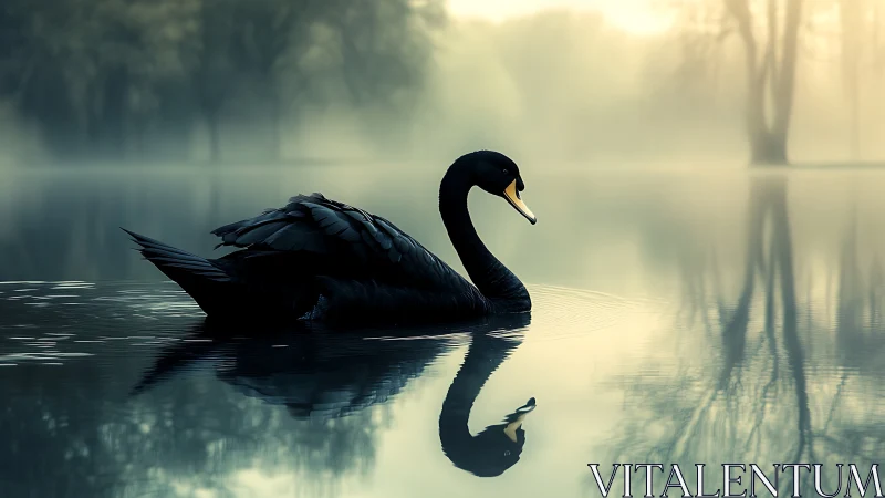 Black swan glides across misty lake with mirrored reflection