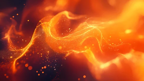 Abstract glowing orange waves with golden sparkles in motion.