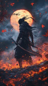 Armored katana warrior over volcanic embers under blood moon