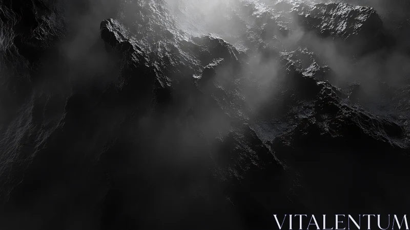 Dark rock face with mist and low angled directional light.