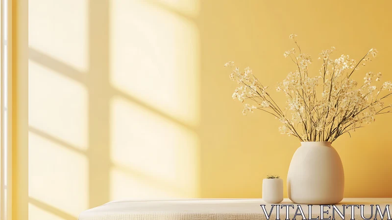 Minimalist beige vases with dried flowers near window light.