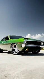 Low-angle photoreal view of lime green classic muscle car.