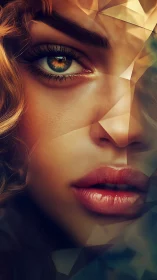 Faceted digital portrait with golden eye and soft lips.