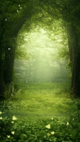 Luminous Forest Tunnel Through Green Canopy.