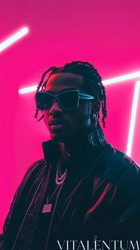 Neon-lit portrait shows cool streetwear under magenta glow.