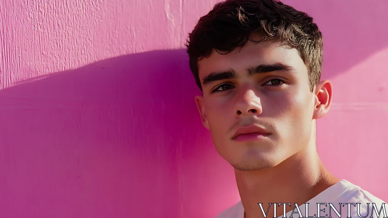 Soft sunlight on a thoughtful face against vivid pink wall.