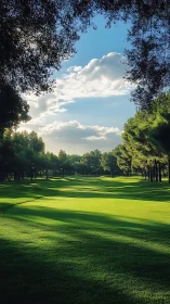 Sunlit fairway corridor framed by whispering forest edges.