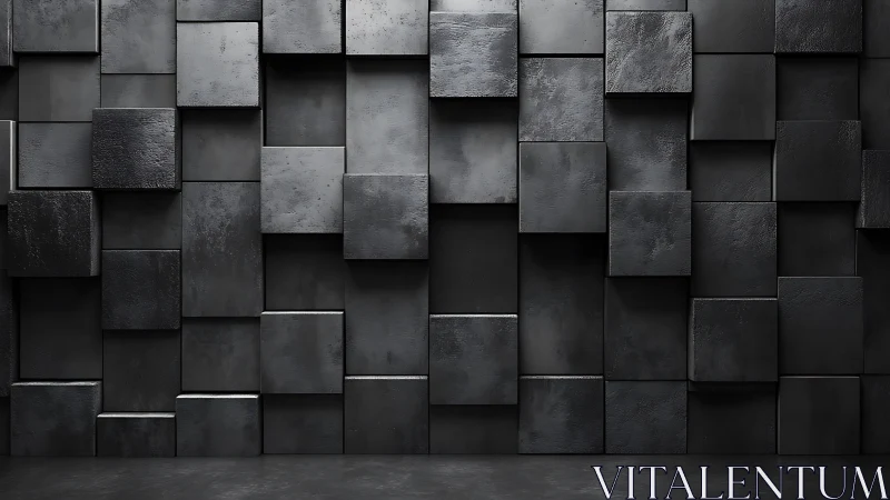 Dark geometric wall of staggered 3D metallic cubes.
