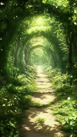Sunlit Forest Tunnel Path Leading Through Green Canopy.
