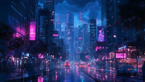 Cyberpunk rain-soaked avenue with neon megastructures at night.