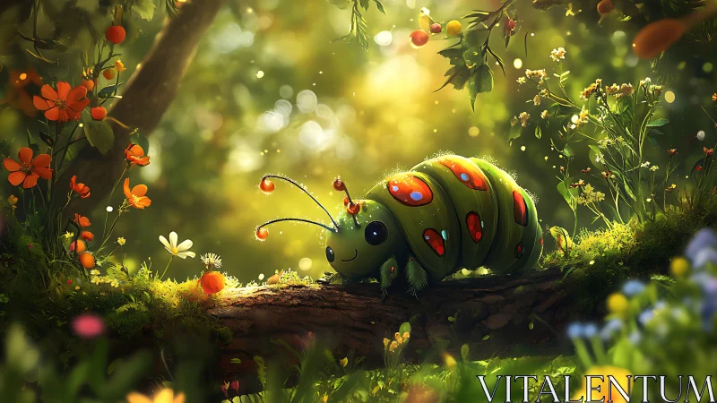 Whimsical caterpillar explores a glowing forest garden.