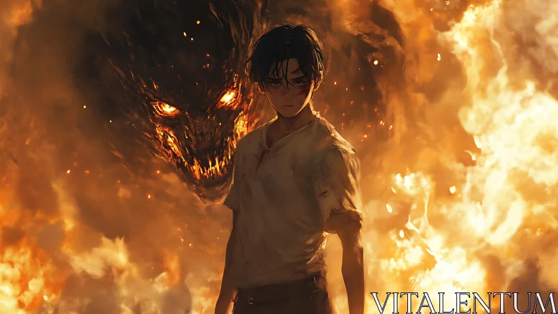 Boy stands before blazing inferno with demonic fire spirit