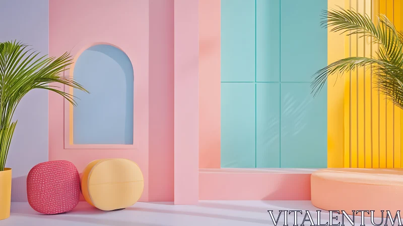 Geometric pastel interior scene with plants and seating.
