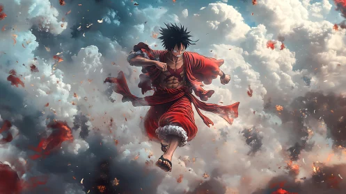 Dynamic anime warrior in midair against turbulent cloudscape.