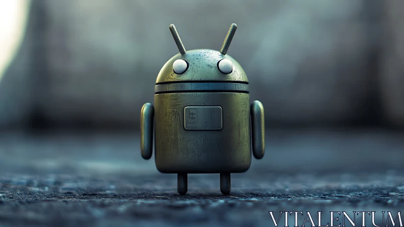 Weathered metallic mini-robot standing on textured ground